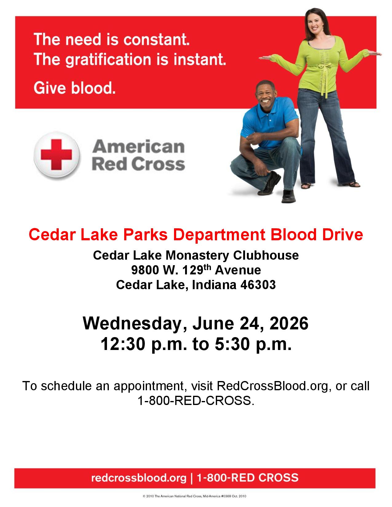Blood Drive for June 2026 at the Cedar Lake Clubhouse