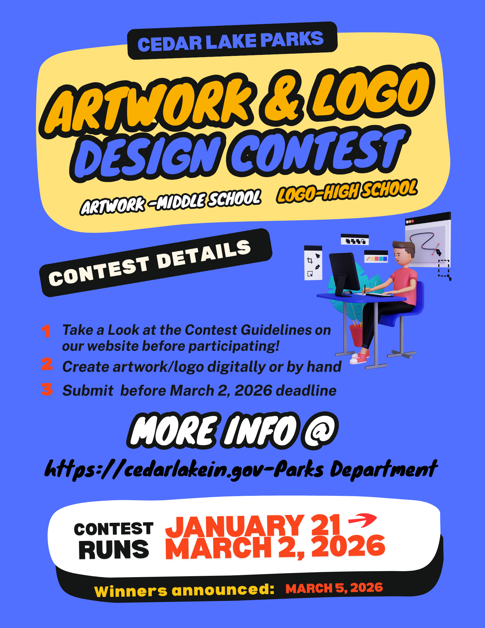 Cedar Lake Parks Artwork & Logo Design Contest for Middle and High School students