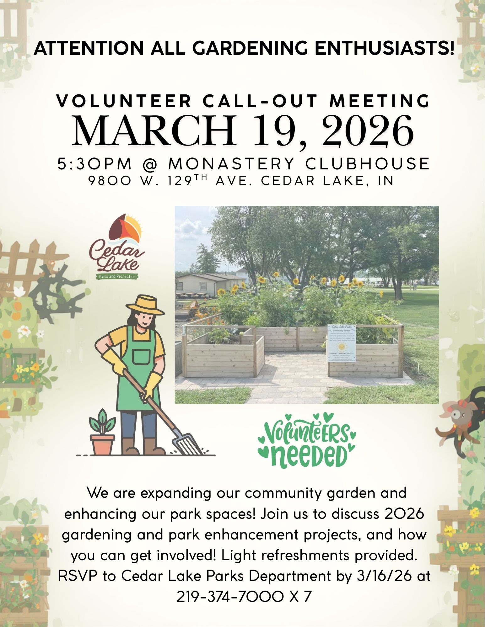 Flyer for the Community Garden Call Out Meeting on March 19, 2006 at 5:30pm.