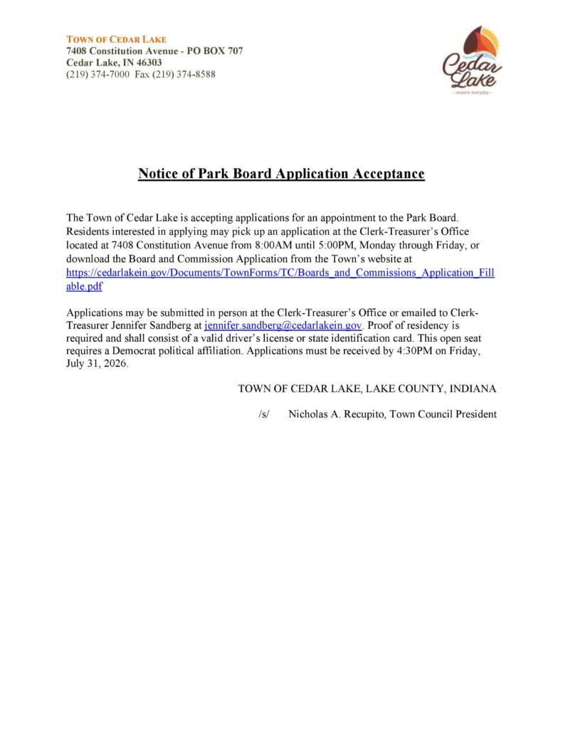 Flyer announcing Notice of Park Board Application Acceptance.