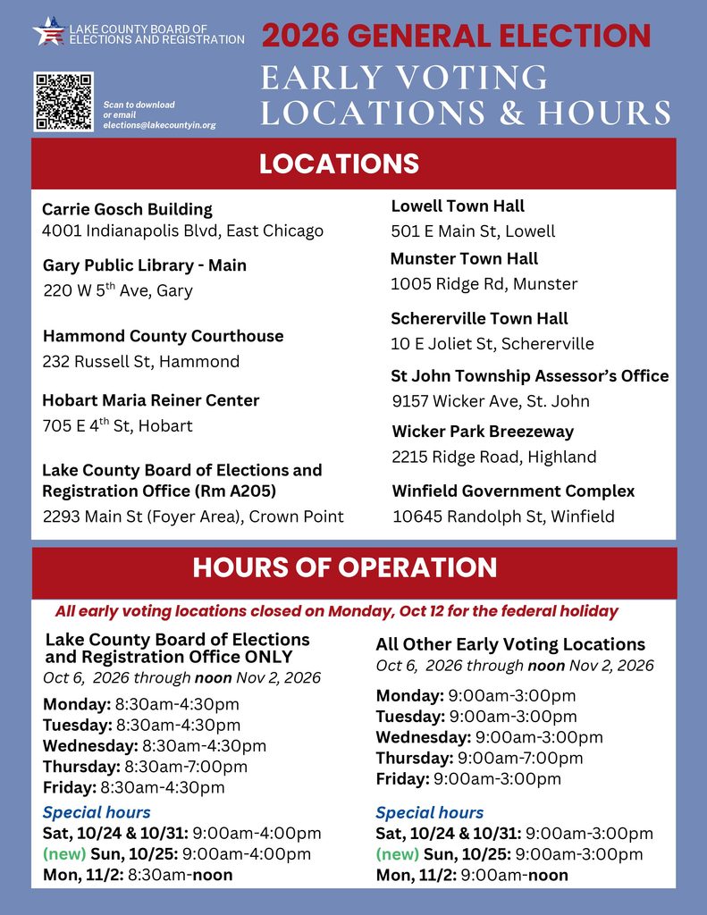 2026 General Election Early Voting Flyer with Location and Hours
